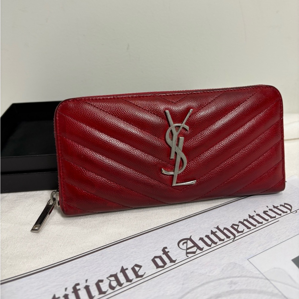 Authentic YSL YVES SAINT LAURENT quilted red wallet box cards, and certificate - Picture 1 of 12